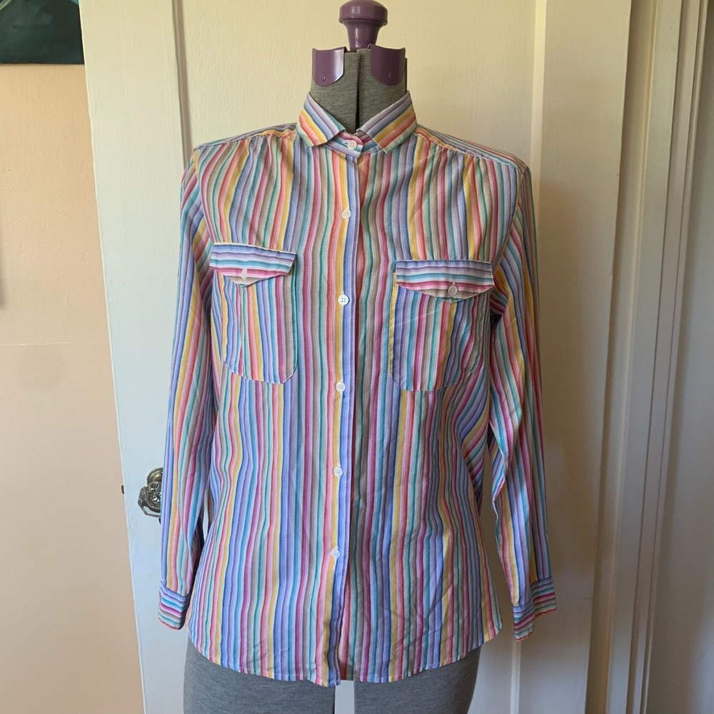 Vintage Esprit Rainbow Striped Button Down Shirt Small Pastel Multi Color Cotton
